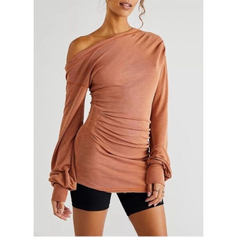 Free People Care FP All Day Tunic Top Sz S Brown Ruched Mock Neck Off Shoulder